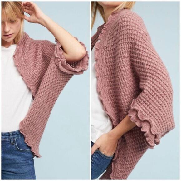 Anthropologie Moth Sz XS Rocia Ruffled Coccon Cardigan Waffle Knit Mauve Boho - Picture 2 of 16